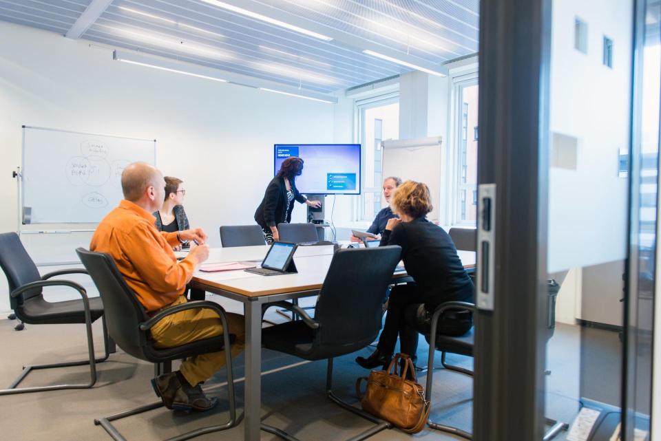 Twee mannen en twee vrouwen luisteren in een werkkamer naar de uitleg van een derde vrouw die bij een scherm staat