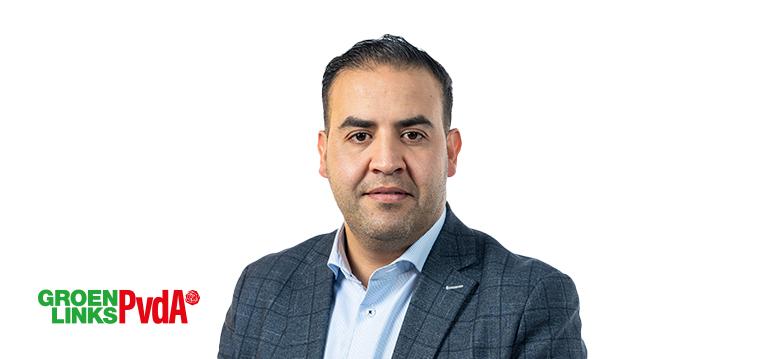 Portretfoto Mohammed Mohandis met partijlogo GroenLinks PvdA