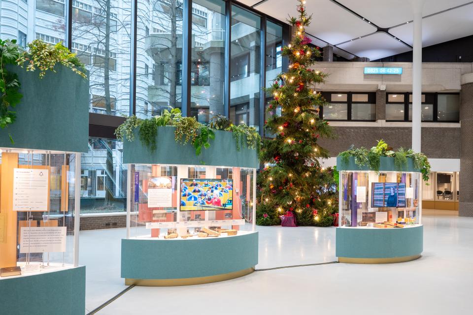 Middenin de centrale hal van de Tweede Kamer staan drie vitrines. Daarachter staat de kerstboom.