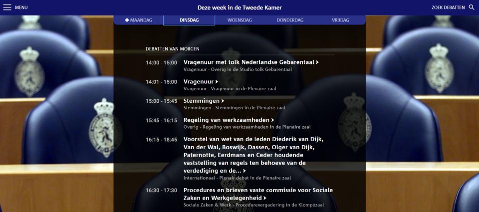 Screenshot van de homepage van debatdirect.tweedekamer.nl