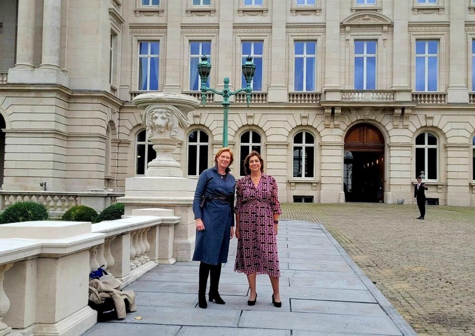 Op de foto staan Eerste Kamerleden Paulien Geerdink en Daan Roovers voor het Koninklijk Paleis in Brussel