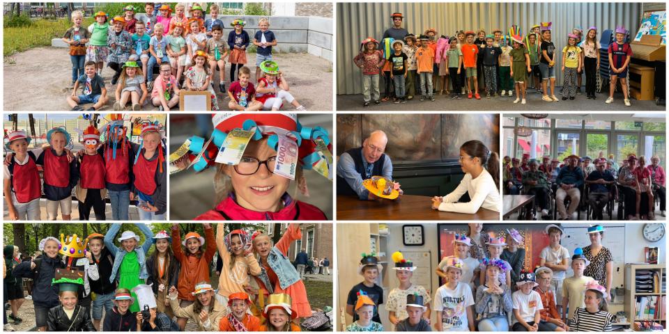 Collage van aantal foto's waarop kinderen in groepen poseren met hun zelfgemaakte hoedjes. 