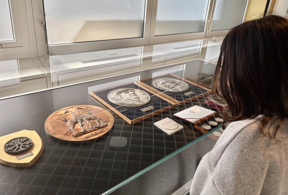 Bezoeker van achteren gefotografeerd kijkt in vitrine met penningen.